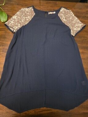 Katie K Navy Blue Crew Neck Blouse with Gold Sequin Short Sleeves – Size Medium